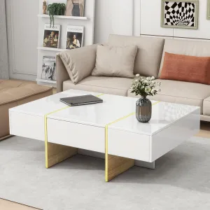 Merax 47.2'' x 31.4''Minimalist High Gloss Coffee Table with 2 Drawers, Multi-Storage Rectangle Sofatable with Golden Wood Grain Legs, Modern Centertable for Living Room, White