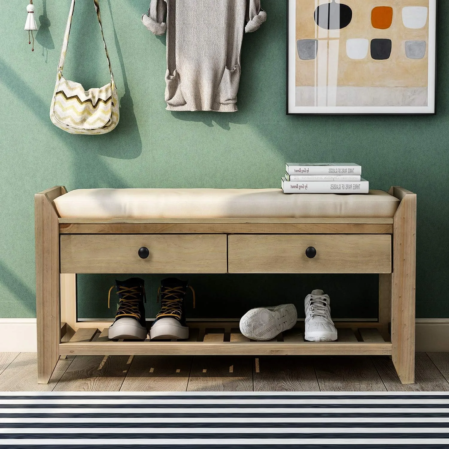 Merax Shoe Rack with Cushioned Seat, Shoe Bench Shoe Organizer with 2 Storage Drawers, Entryway Storage Bench for Entryway or Hallway, Gray Wash