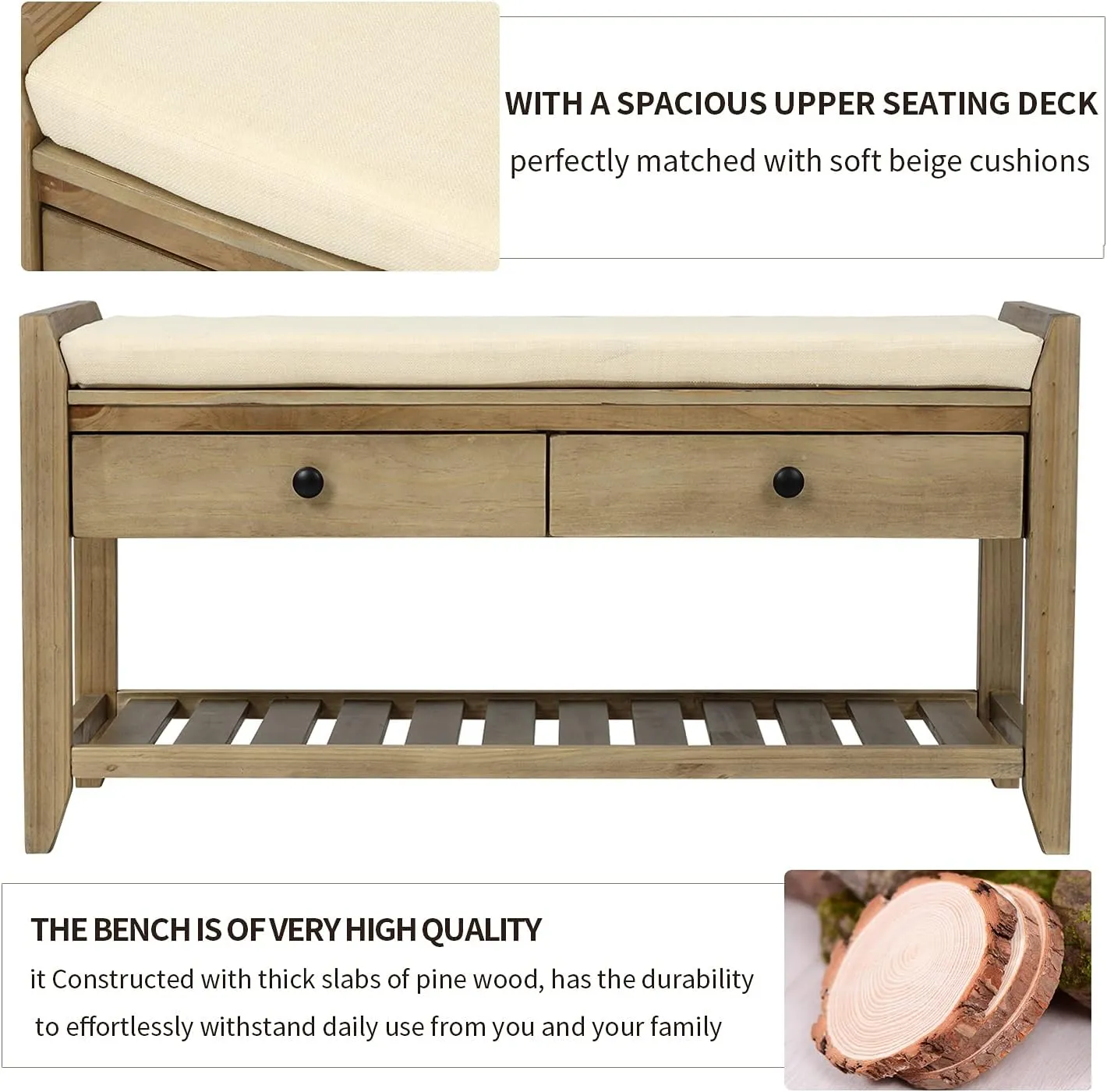 Merax Shoe Rack with Cushioned Seat, Shoe Bench Shoe Organizer with 2 Storage Drawers, Entryway Storage Bench for Entryway or Hallway, Gray Wash