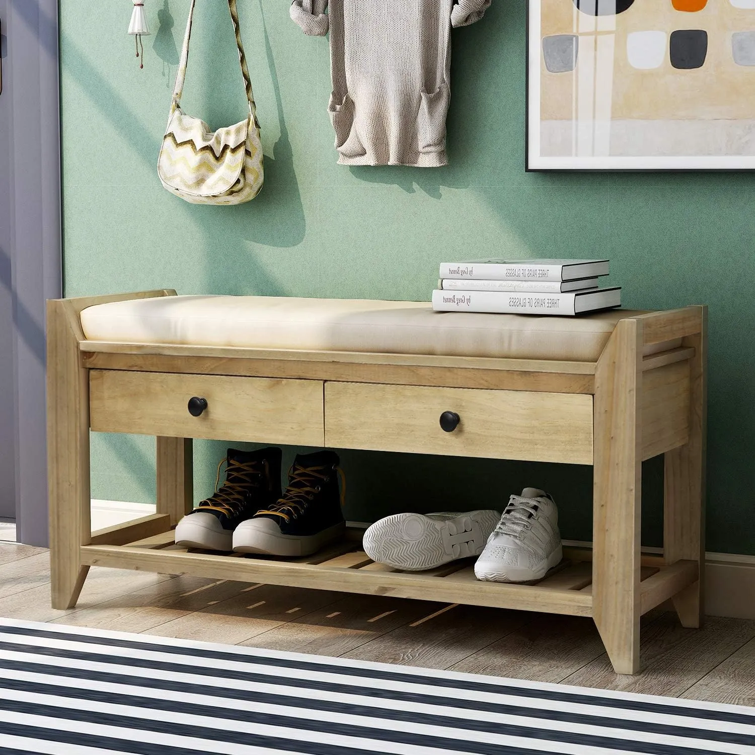 Merax Shoe Rack with Cushioned Seat, Shoe Bench Shoe Organizer with 2 Storage Drawers, Entryway Storage Bench for Entryway or Hallway, Gray Wash