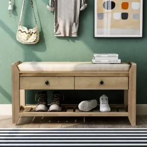 Merax Shoe Rack with Cushioned Seat, Shoe Bench Shoe Organizer with 2 Storage Drawers, Entryway Storage Bench for Entryway or Hallway, Gray Wash