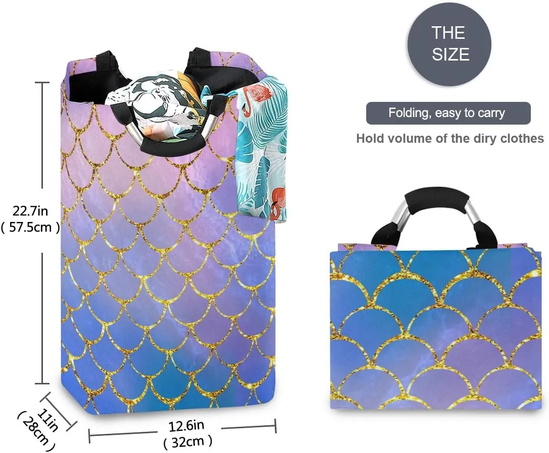 Mermaid Fish Scales Laundry Basket Clothes Hamper Collapsible Durable Dirty Clothes Large Storage Laundry Organizer
