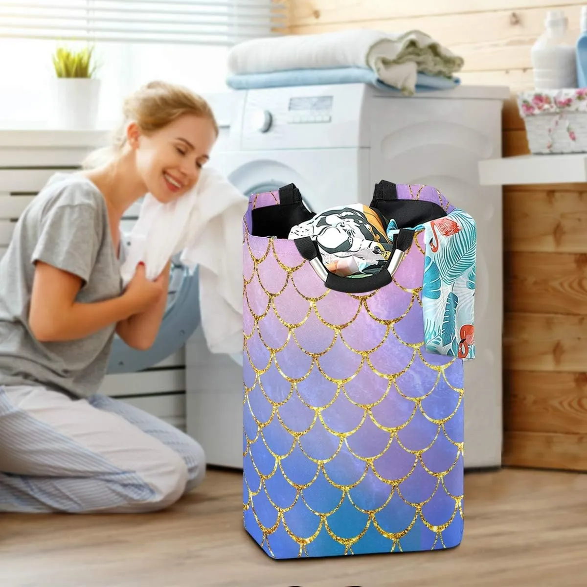 Mermaid Fish Scales Laundry Basket Clothes Hamper Collapsible Durable Dirty Clothes Large Storage Laundry Organizer