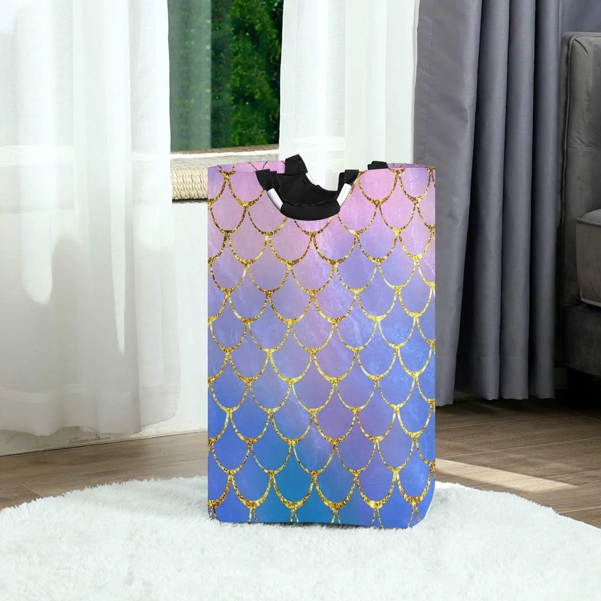 Mermaid Fish Scales Laundry Basket Clothes Hamper Collapsible Durable Dirty Clothes Large Storage Laundry Organizer