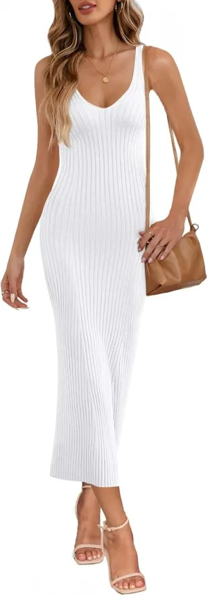 MEROKEETY Womens 2025 Summer Spring V Neck Knit Midi Dress Bodycon Casual Sleeveless Ribbed Sweater Dresses