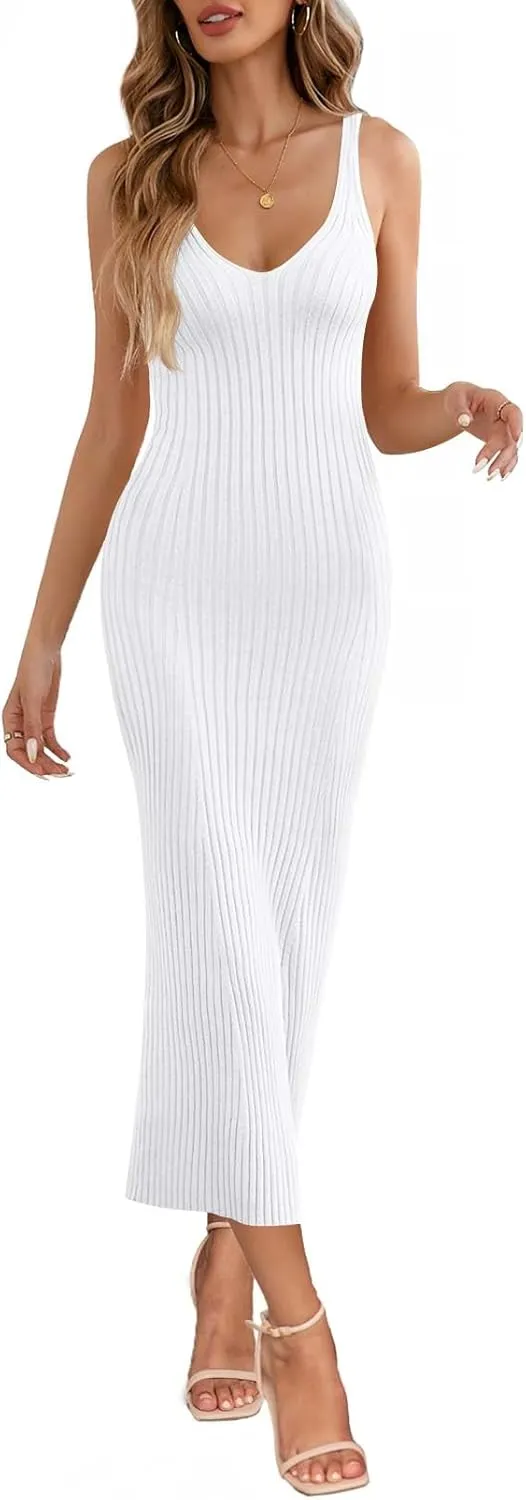 MEROKEETY Womens 2025 Summer Spring V Neck Knit Midi Dress Bodycon Casual Sleeveless Ribbed Sweater Dresses