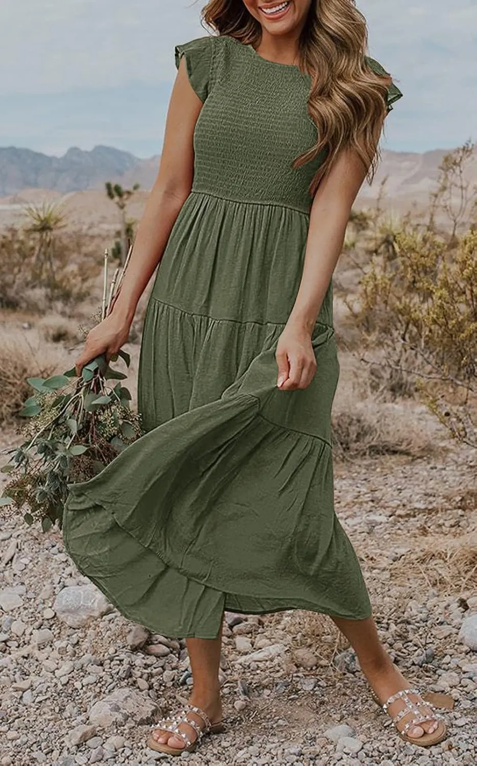 MEROKEETY Women's Flutter Short Sleeve Smocked Midi Dress Summer Casual Tiered A-Line Dress