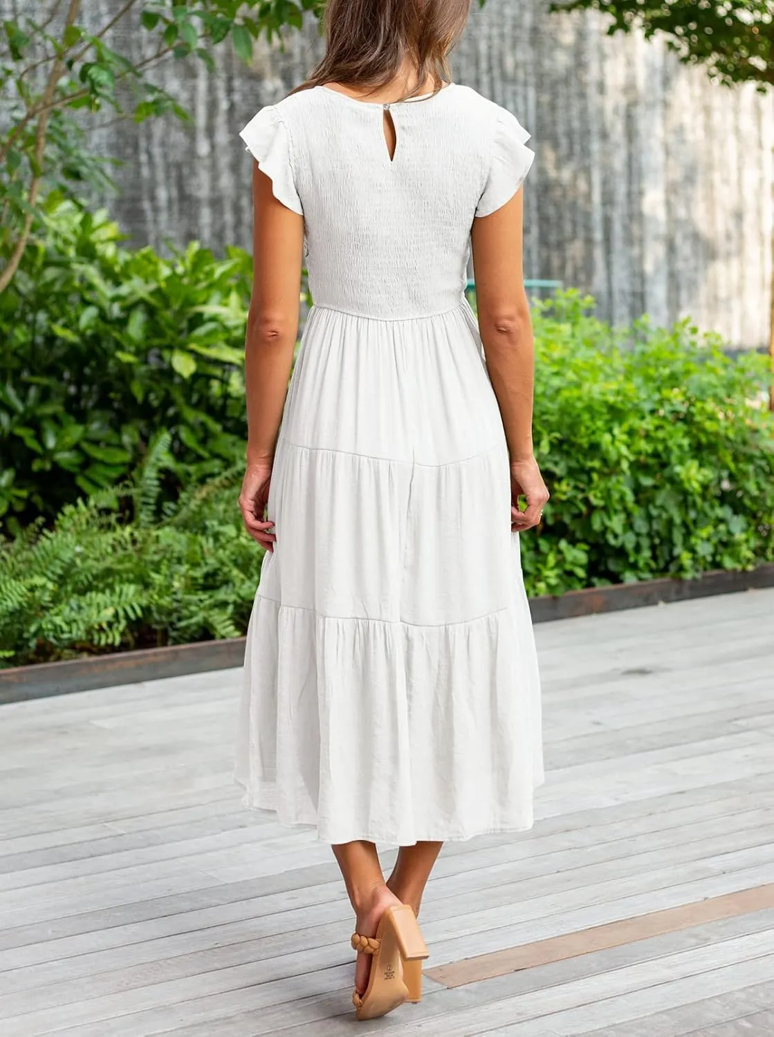 MEROKEETY Women's Flutter Short Sleeve Smocked Midi Dress Summer Casual Tiered A-Line Dress