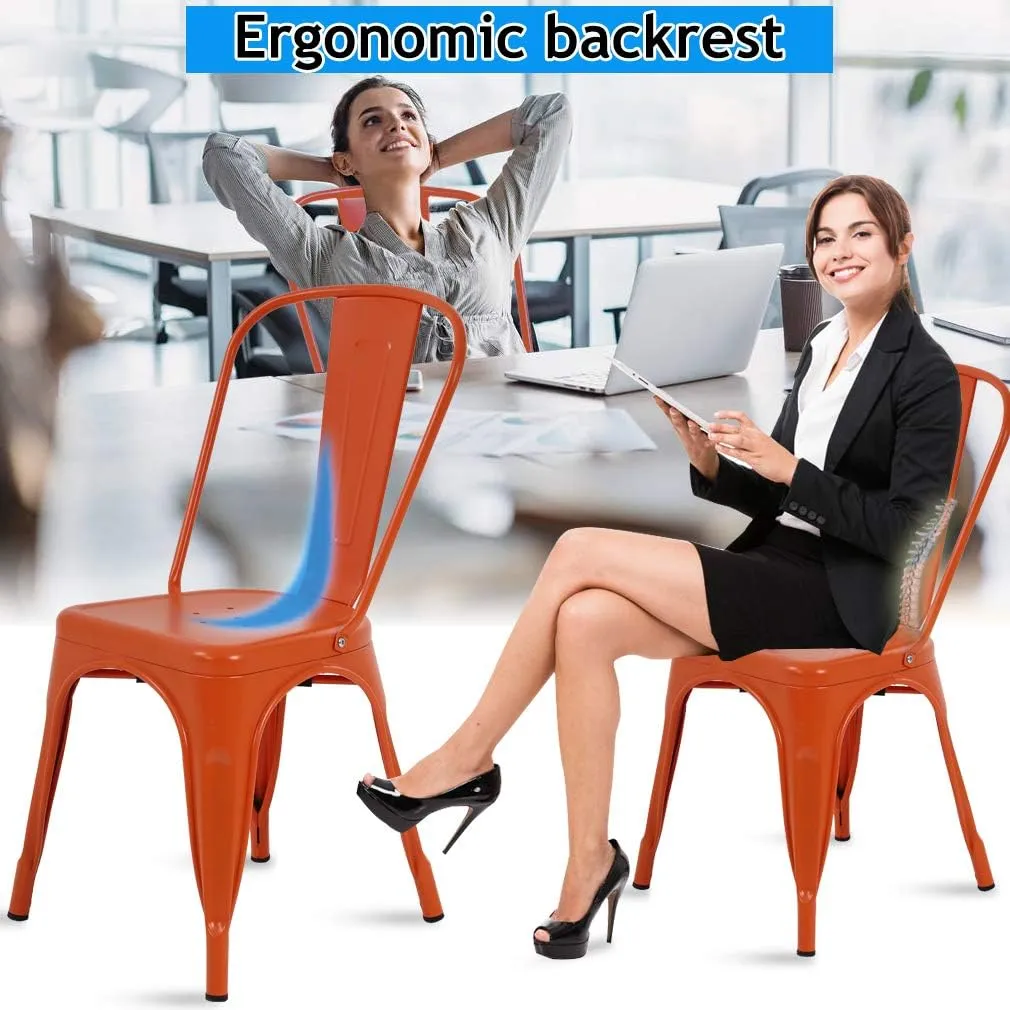 Metal Dining Chairs Indoor-Outdoor Stackable Chic Restaurant Bistro Chair Set of 4 330LBS Weight Capacity Sturdy Cafe Tolix Kitchen Farmhouse Pub Trattoria Industrial Side Bar Chairs - Orange