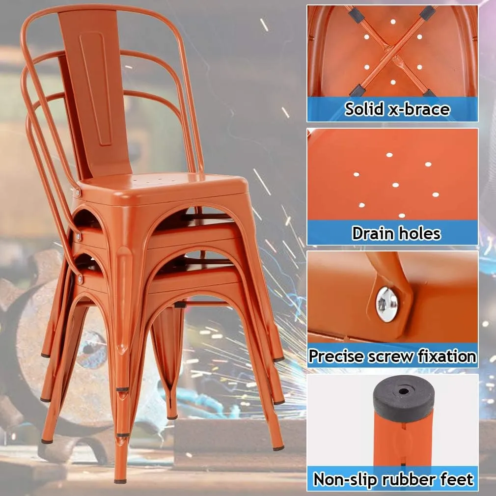 Metal Dining Chairs Indoor-Outdoor Stackable Chic Restaurant Bistro Chair Set of 4 330LBS Weight Capacity Sturdy Cafe Tolix Kitchen Farmhouse Pub Trattoria Industrial Side Bar Chairs - Orange