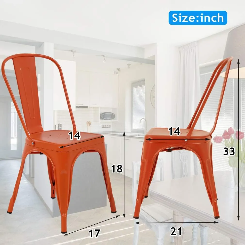 Metal Dining Chairs Indoor-Outdoor Stackable Chic Restaurant Bistro Chair Set of 4 330LBS Weight Capacity Sturdy Cafe Tolix Kitchen Farmhouse Pub Trattoria Industrial Side Bar Chairs - Orange