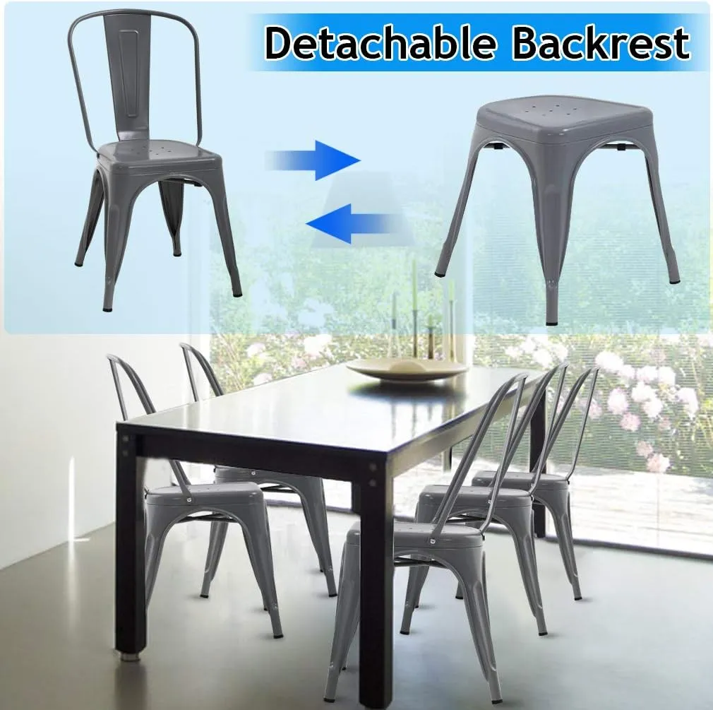 Metal Dining Chairs Indoor-Outdoor Stackable Chic Restaurant Side Bistro Chair Set of 4, 18 Inch Seat Height, 330LBS Weight Capacity, Cafe Tolix Kitchen Farmhouse Pub Trattoria Industrial Bar Chairs