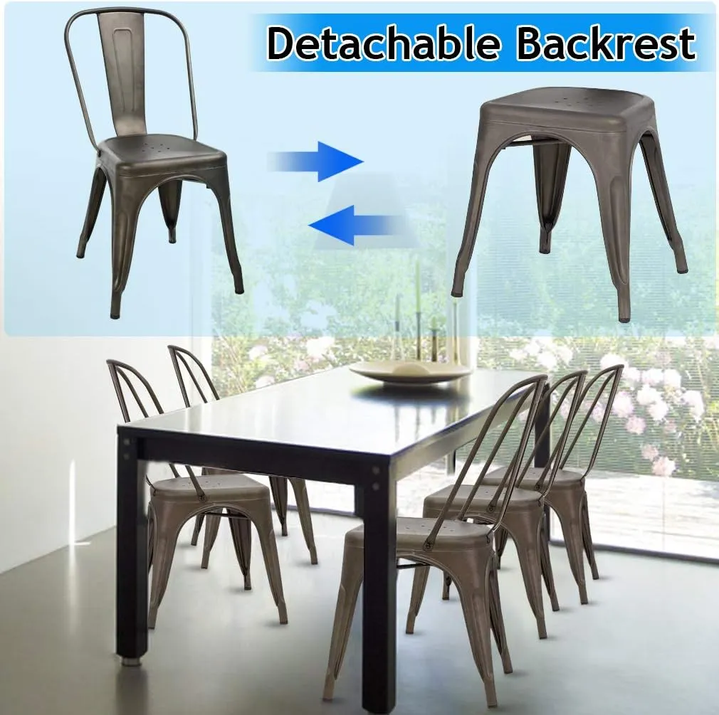 Metal Dining Chairs Indoor-Outdoor Stackable Chic Restaurant Side Bistro Chair Set of 4, 18 Inch Seat Height, 330LBS Weight Capacity Cafe Tolix Kitchen Farmhouse Pub Trattoria Industrial Bar Chairs