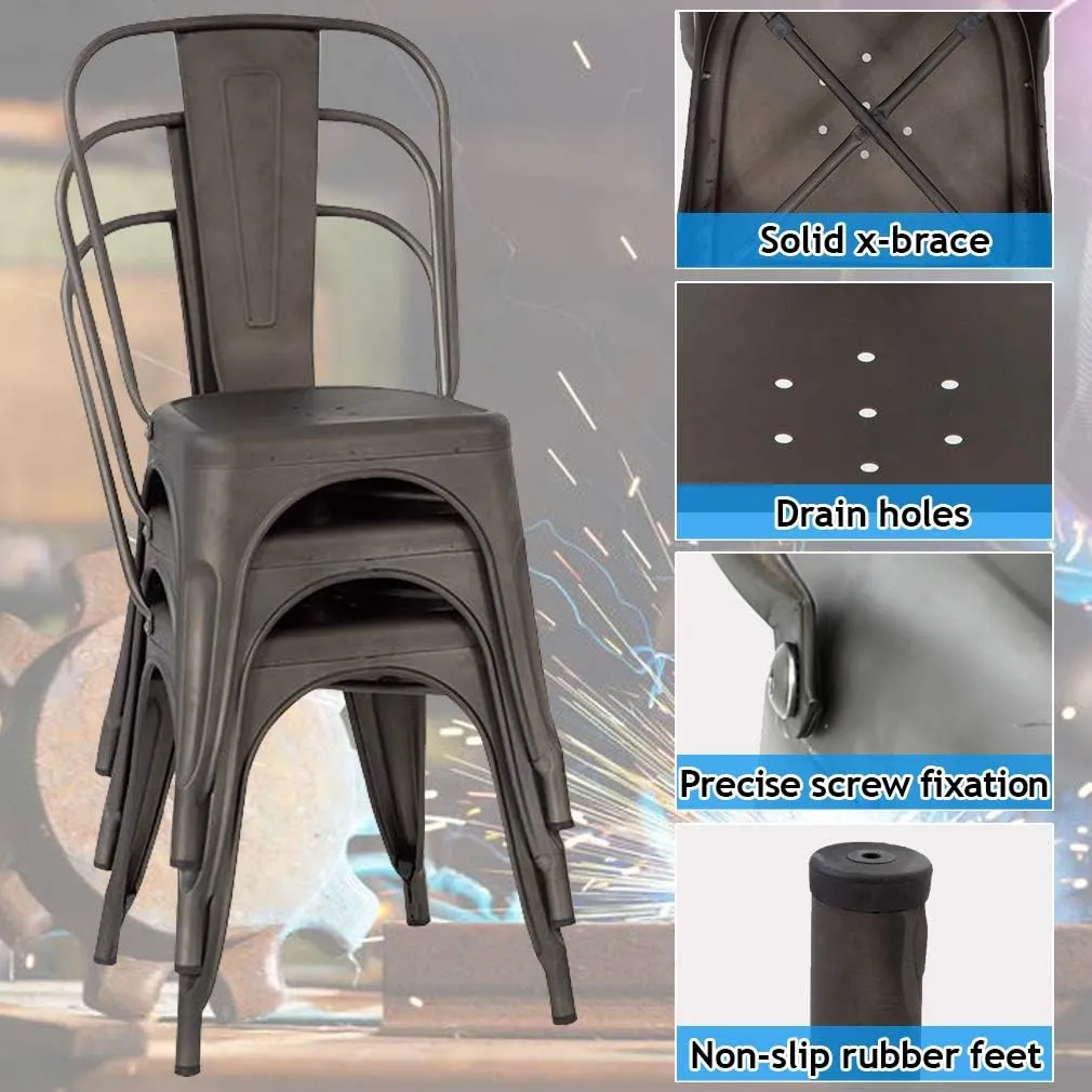 Metal Dining Chairs Indoor-Outdoor Stackable Chic Restaurant Side Bistro Chair Set of 4, 18 Inch Seat Height, 330LBS Weight Capacity Cafe Tolix Kitchen Farmhouse Pub Trattoria Industrial Bar Chairs