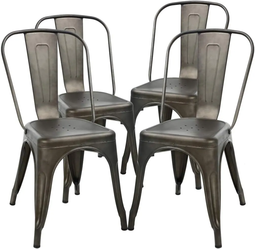 Metal Dining Chairs Indoor-Outdoor Stackable Chic Restaurant Side Bistro Chair Set of 4, 18 Inch Seat Height, 330LBS Weight Capacity Cafe Tolix Kitchen Farmhouse Pub Trattoria Industrial Bar Chairs