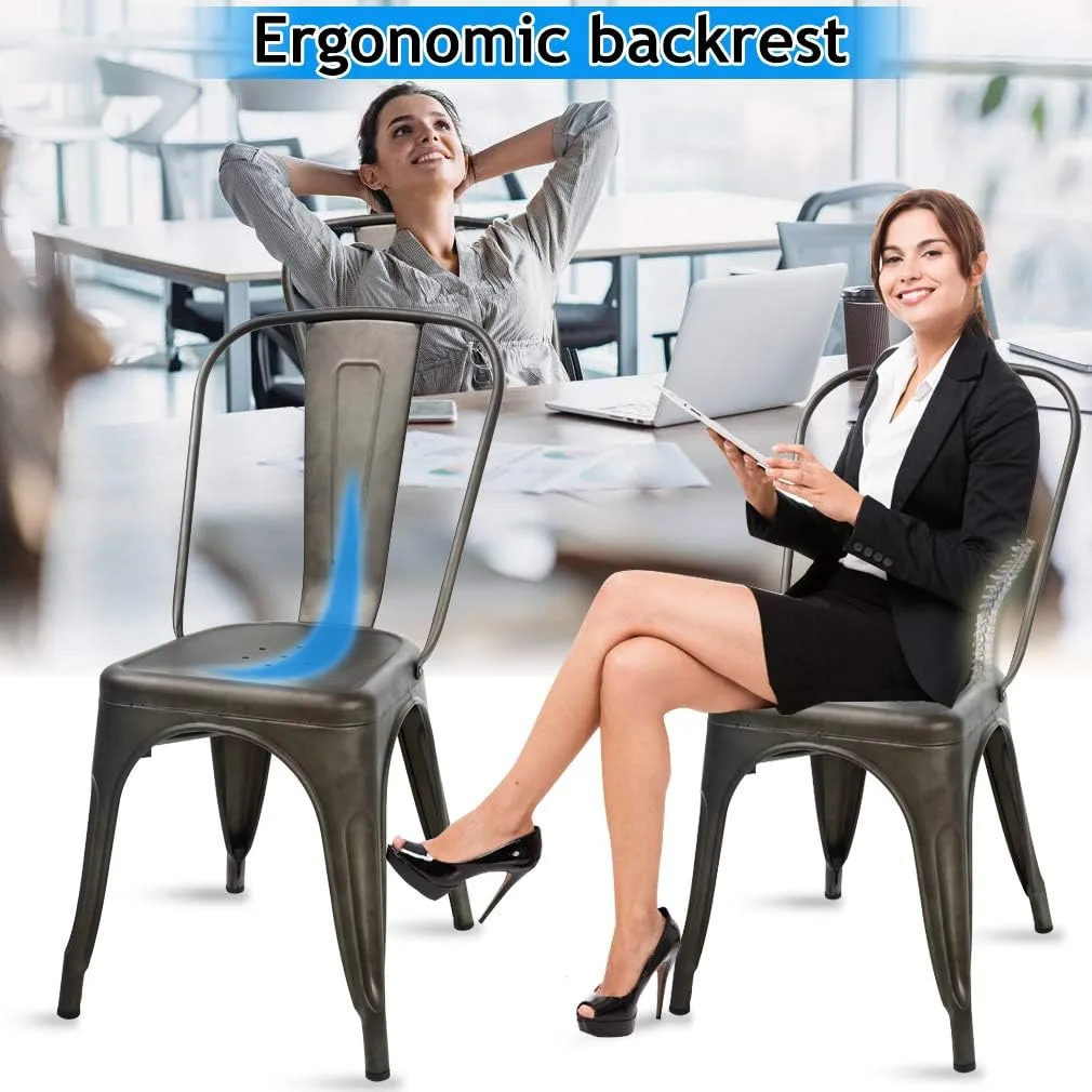 Metal Dining Chairs Indoor-Outdoor Stackable Chic Restaurant Side Bistro Chair Set of 4, 18 Inch Seat Height, 330LBS Weight Capacity Cafe Tolix Kitchen Farmhouse Pub Trattoria Industrial Bar Chairs