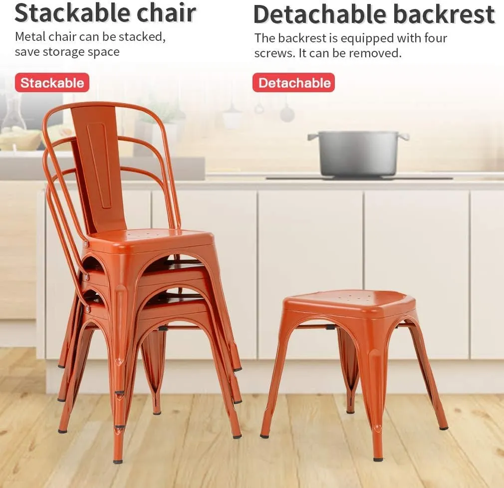 Metal Dining Chairs Set of 4 Patio Restaurant Chairs 18 Inch Seat Height Indoor Outdoor Stackable 330LBS Weight Capacity, Tolix Style, Orange