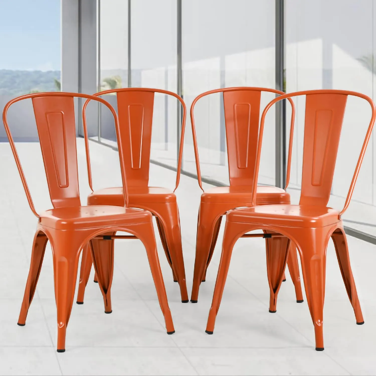 Metal Dining Chairs Set of 4 Patio Restaurant Chairs 18 Inch Seat Height Indoor Outdoor Stackable 330LBS Weight Capacity, Tolix Style, Orange