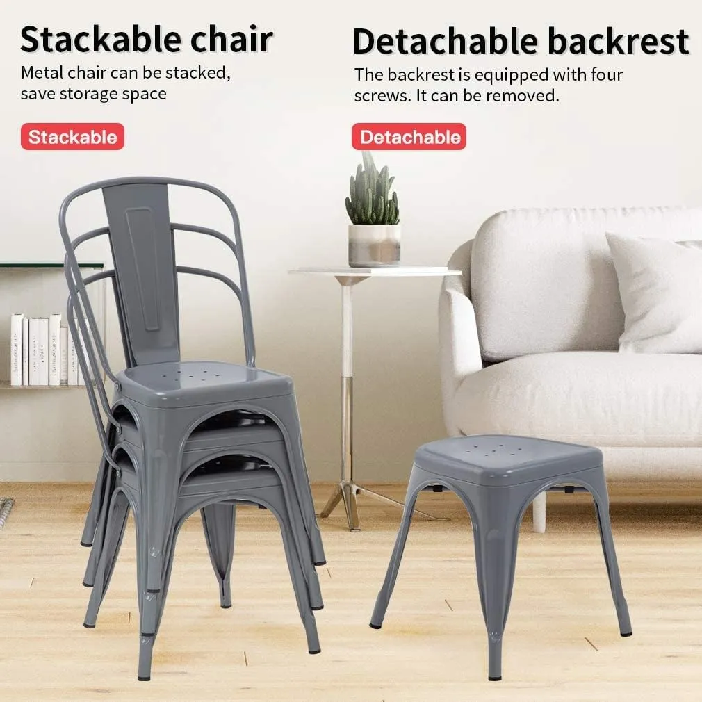 Metal Dining Chairs Set of 4 - Patio, Restaurant, Indoor Outdoor Tolix Style Bar Chairs - 18 Inch Seat Height, Stackable, 330LBS Weight Capacity, Gray