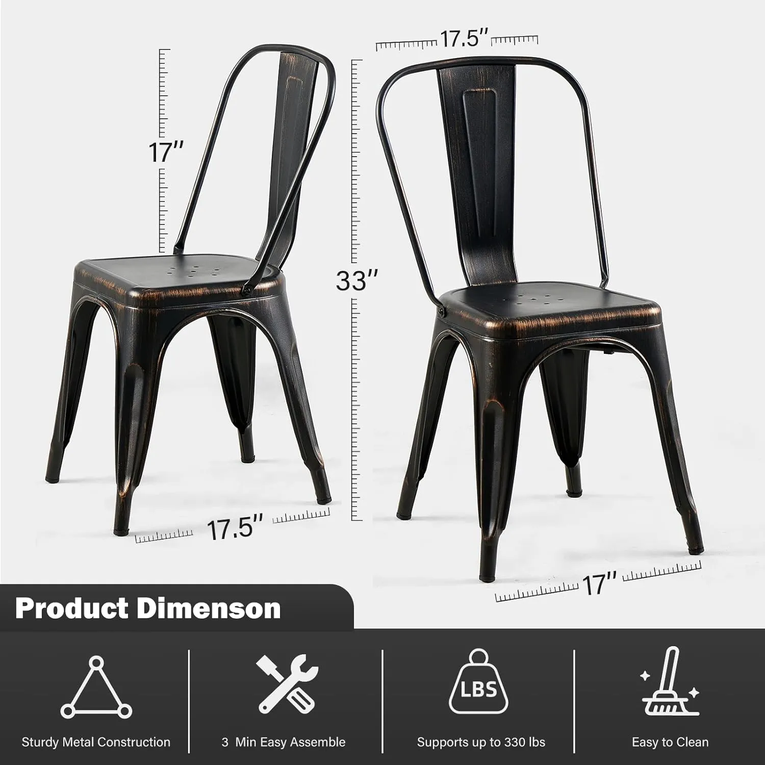 Metal Dining Chairs Set of 6 Stackable Industrial Tolix Style Chairs Kitchen Dining Room Bistro Outdoor Vintage Onyx Distressed Black