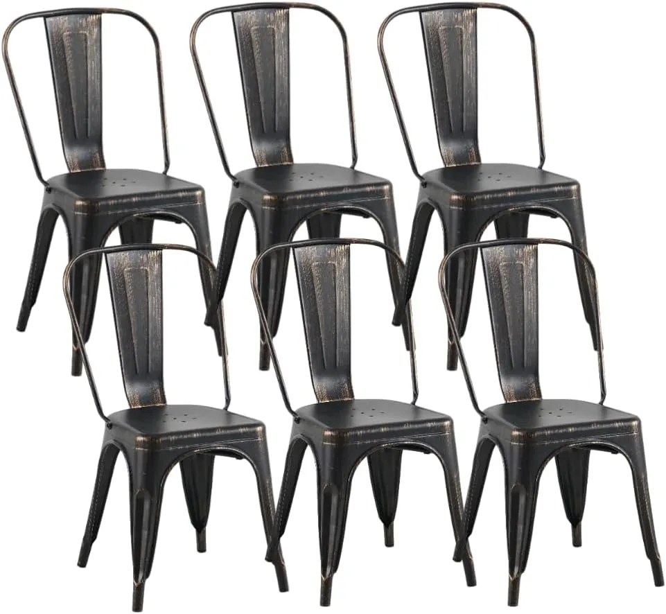 Metal Dining Chairs Set of 6 Stackable Industrial Tolix Style Chairs Kitchen Dining Room Bistro Outdoor Vintage Onyx Distressed Black