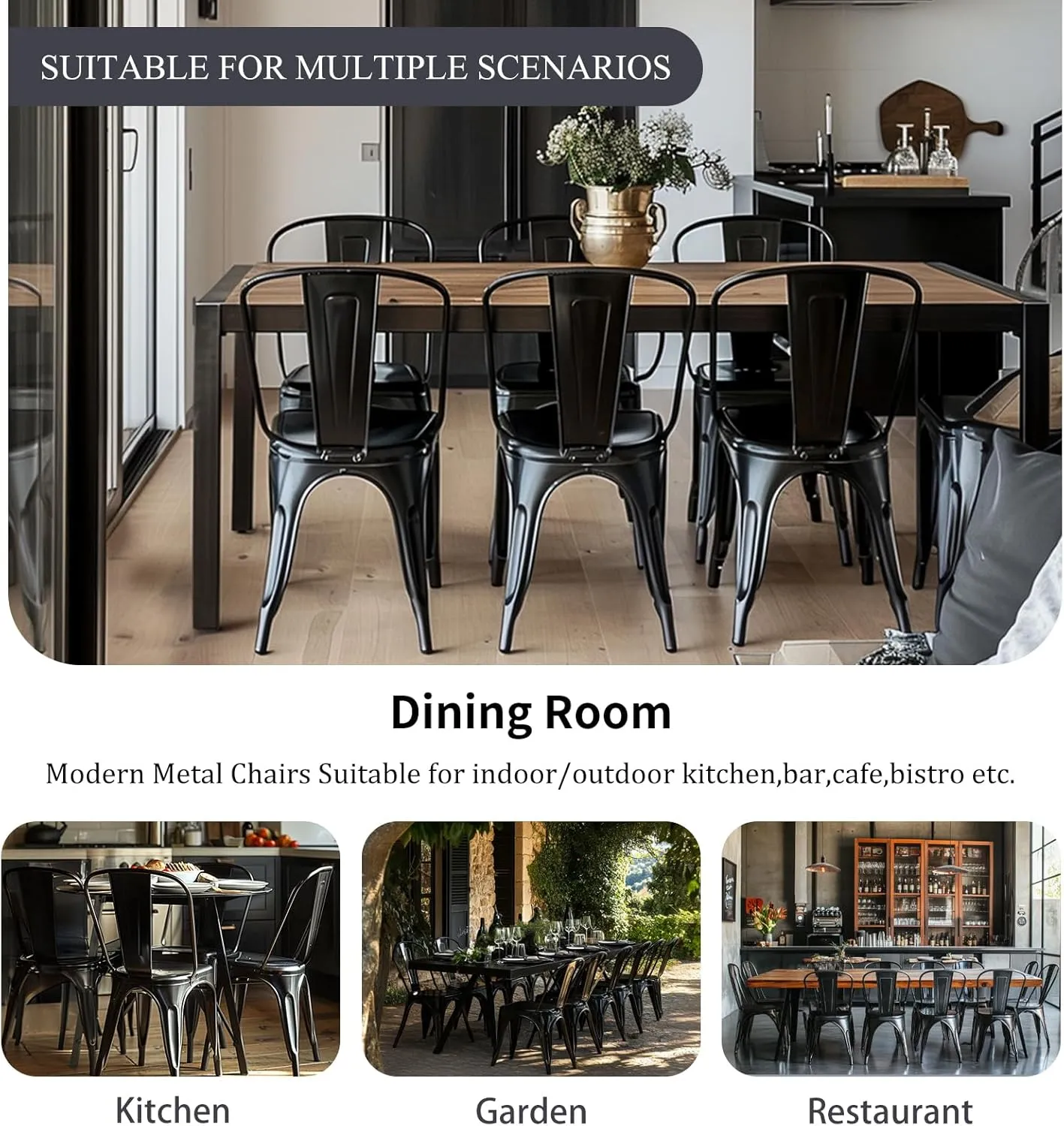 Metal Dining Chairs Set of 6 Stackable Industrial Tolix Style Chairs Kitchen Dining Room Bistro Outdoor Vintage Onyx Distressed Black