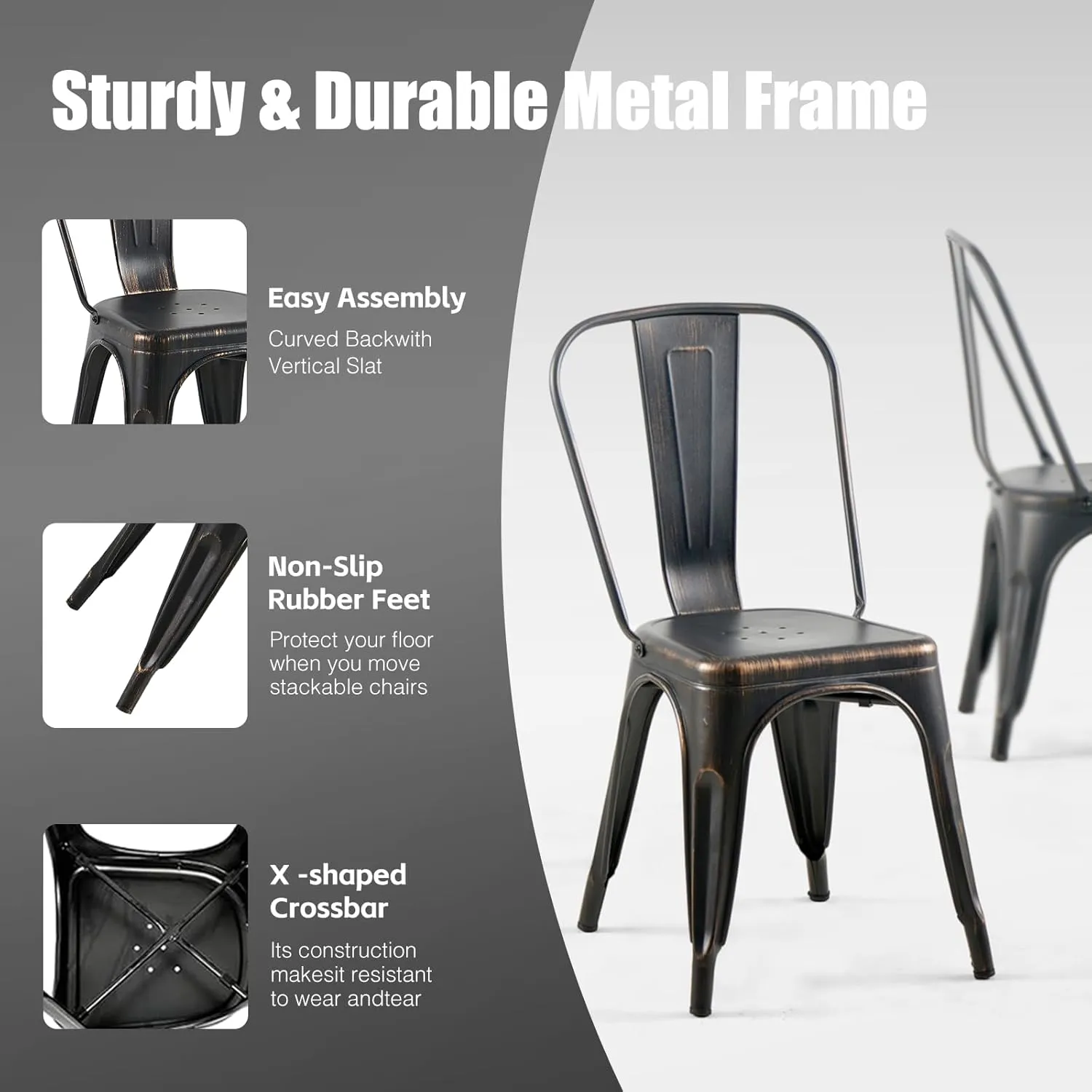 Metal Dining Chairs Set of 6 Stackable Industrial Tolix Style Chairs Kitchen Dining Room Bistro Outdoor Vintage Onyx Distressed Black