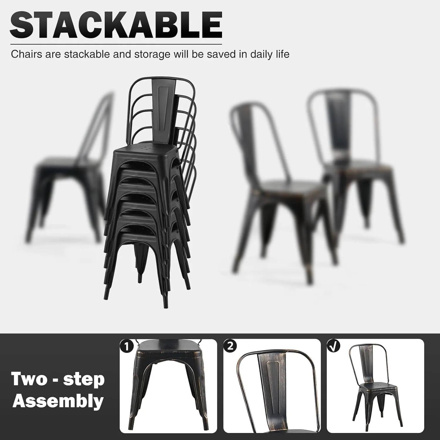 Metal Dining Chairs Set of 6 Stackable Industrial Tolix Style Chairs Kitchen Dining Room Bistro Outdoor Vintage Onyx Distressed Black