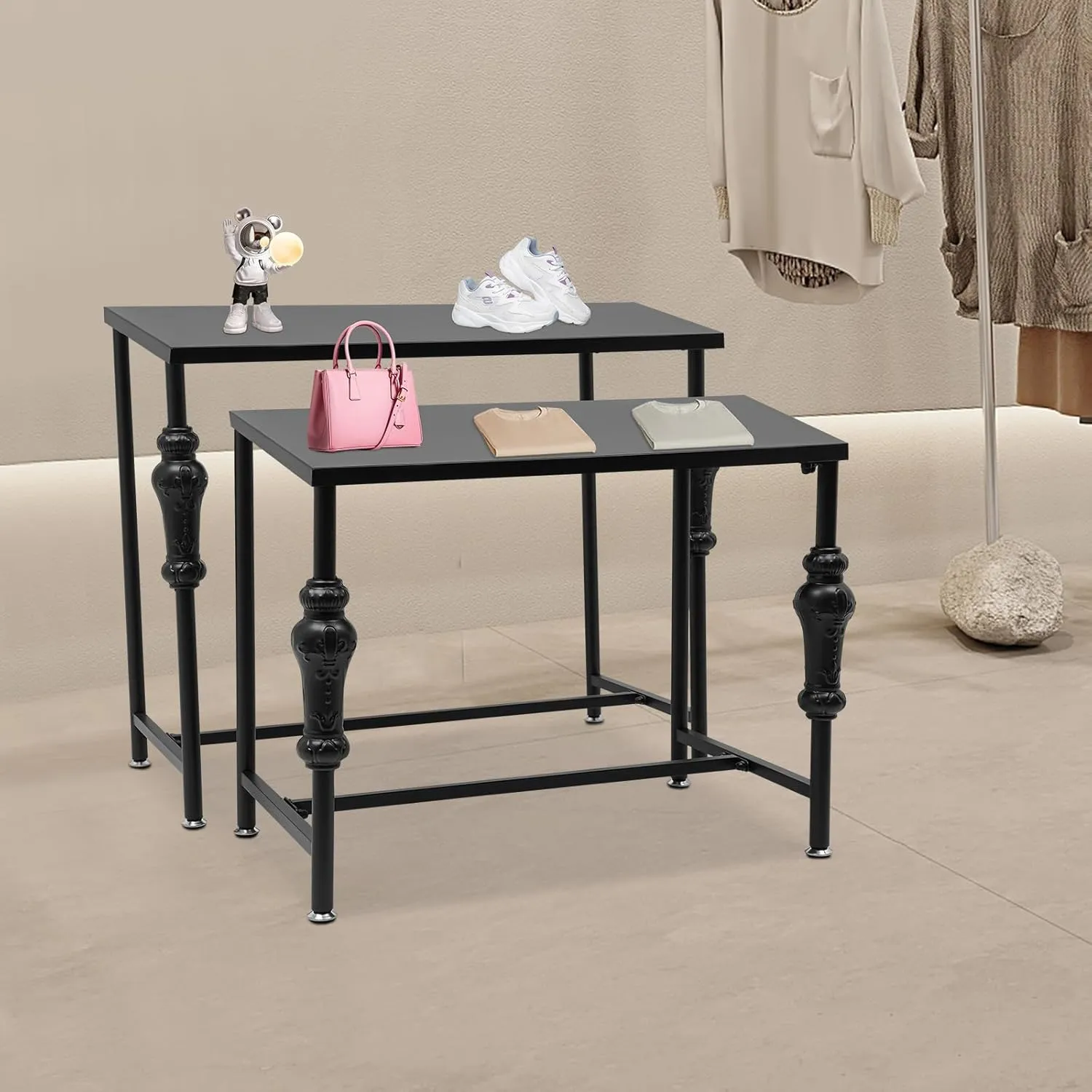 Metal Shoe Handbag Display Stand Set of 2 Industrial Retail Display Tables Standing Nesting Tables Boutique Display Riser Shelf Retro Unit Storage Shelves for Living Room Laundry Room (Black)