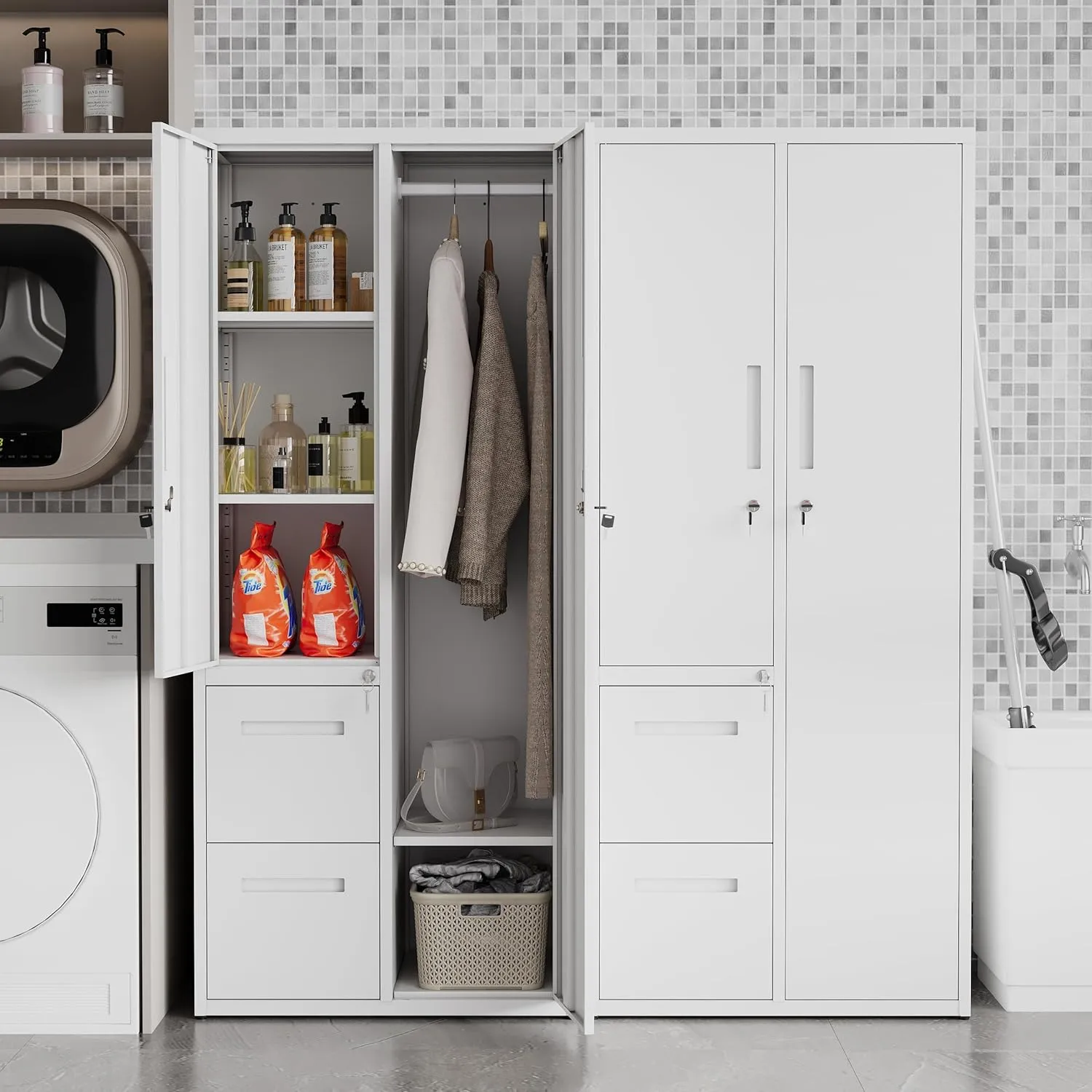 Metal Storage Cabinets Locker, 67" Locker with Clothes Rod, Lockable Freestanding Wardrobe for Office, Home, School, Laundry Room, Gym (White)