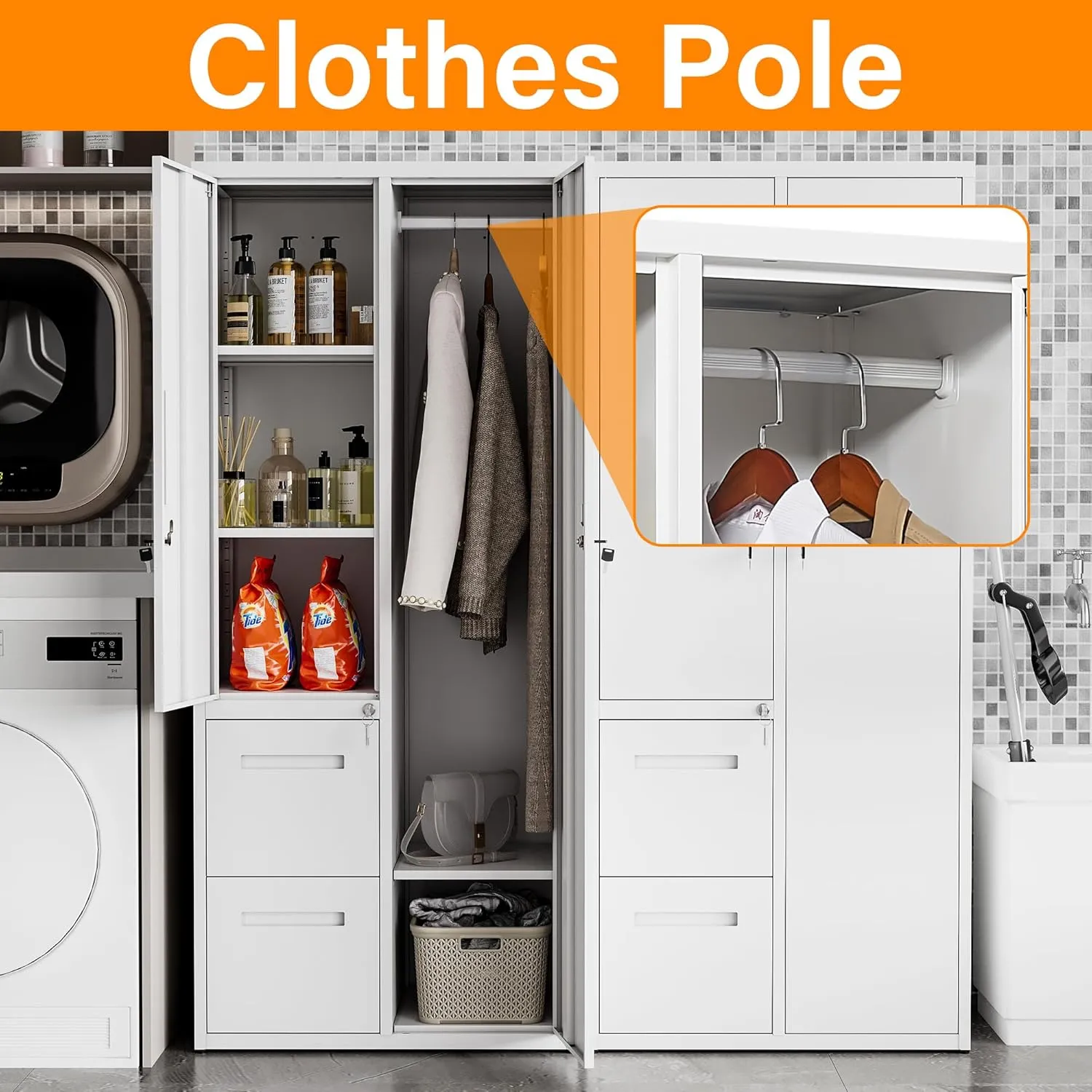 Metal Storage Cabinets Locker, 67" Locker with Clothes Rod, Lockable Freestanding Wardrobe for Office, Home, School, Laundry Room, Gym (White)