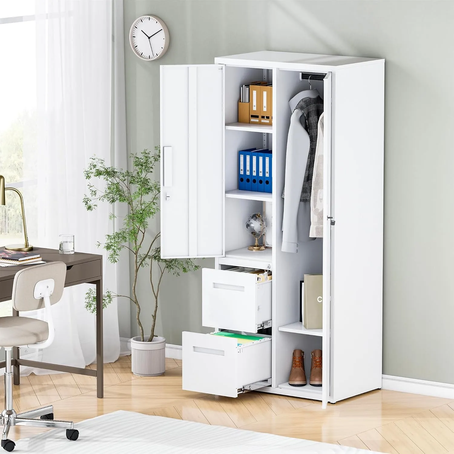Metal Storage Cabinets Locker, 67" Locker with Clothes Rod, Lockable Freestanding Wardrobe for Office, Home, School, Laundry Room, Gym (White)