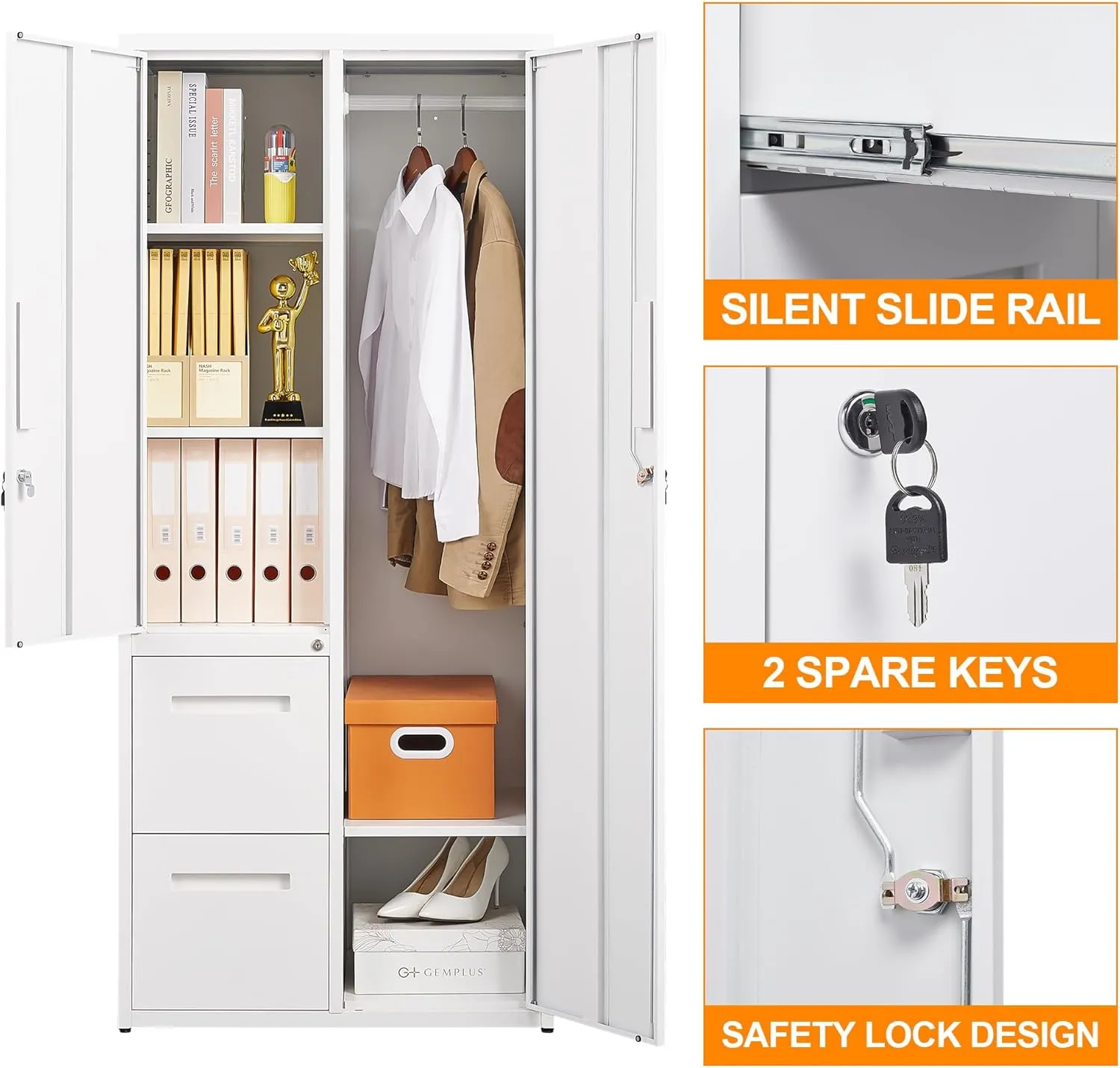 Metal Storage Cabinets Locker, 67" Locker with Clothes Rod, Lockable Freestanding Wardrobe for Office, Home, School, Laundry Room, Gym (White)