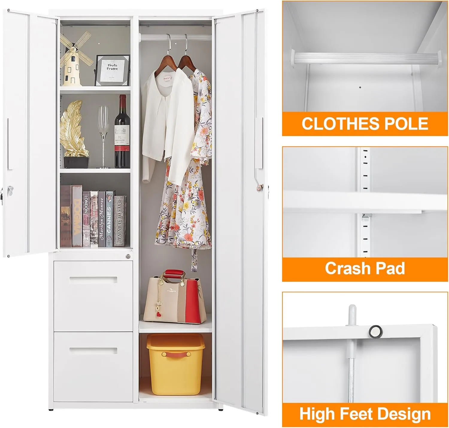 Metal Storage Cabinets Locker, 67" Locker with Clothes Rod, Lockable Freestanding Wardrobe for Office, Home, School, Laundry Room, Gym (White)