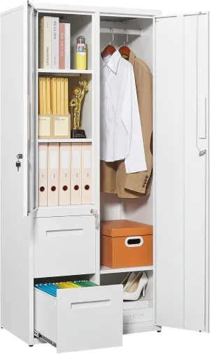 Metal Storage Cabinets Locker, 67" Locker with Clothes Rod, Lockable Freestanding Wardrobe for Office, Home, School, Laundry Room, Gym (White)