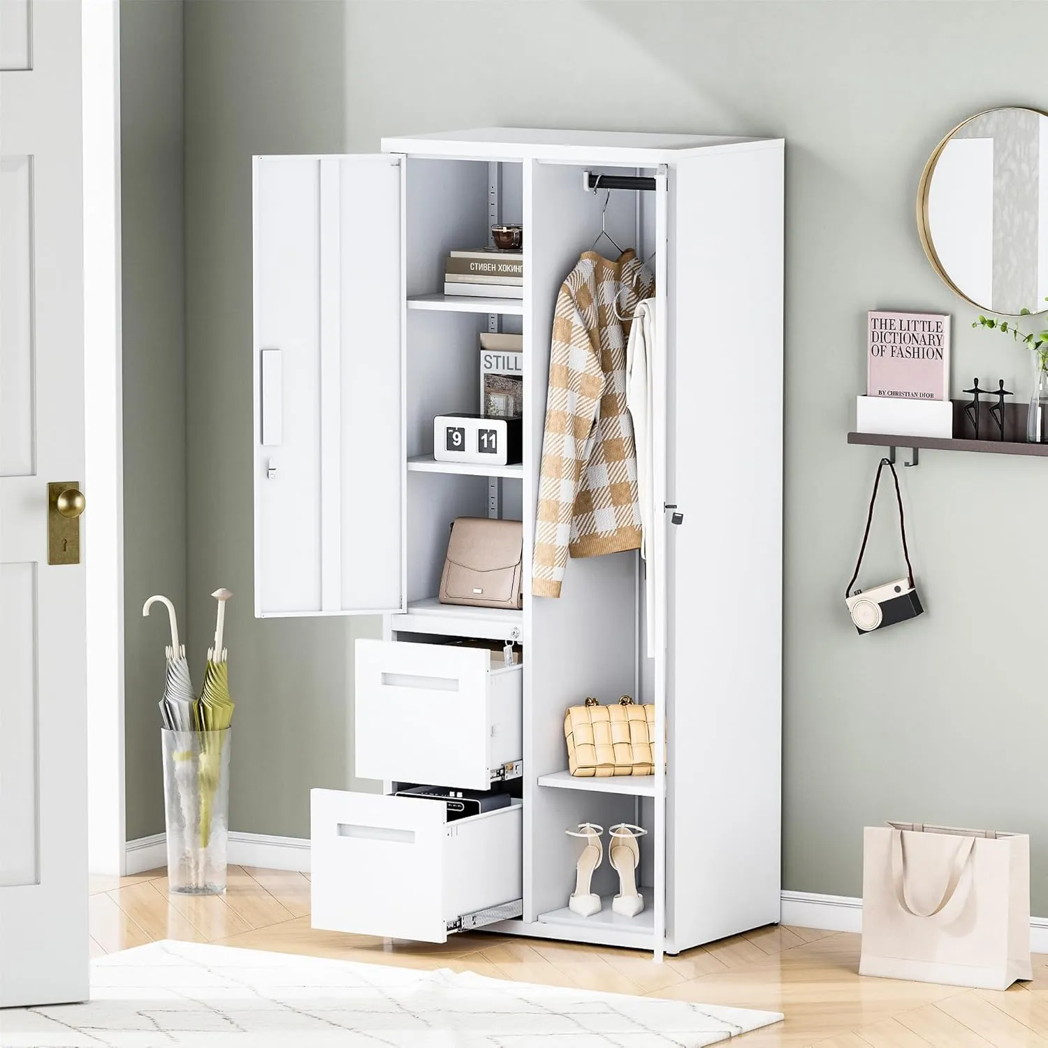 Metal Storage Cabinets Locker, 67" Locker with Clothes Rod, Lockable Freestanding Wardrobe for Office, Home, School, Laundry Room, Gym (White)