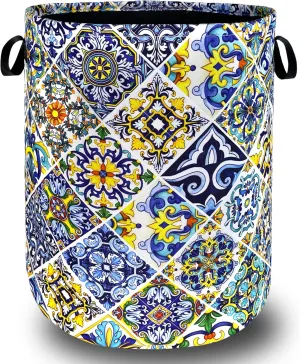 Mexican Tiles Laundry Basket Blue Green Boho Print Funny Laundry Hamper Foldable Oxford Cloth Colorful Tote Bag Clothes Toy Storage Bucket 18.9"x16.5"For Bathroom/Laundry Storage/Bedroom