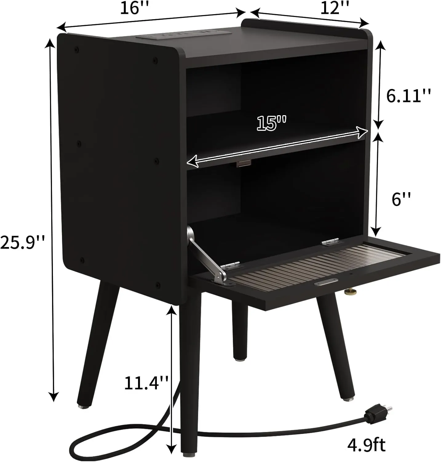 Mid Century Modern Nightstand with Charging Station, Bedside Tables with Glass Decorative Door, End Table Side Table with 2 Tiers Storage Space, for Bedroom, Living Room, Black