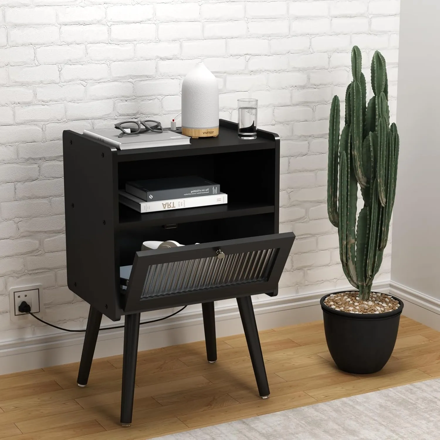 Mid Century Modern Nightstand with Charging Station, Bedside Tables with Glass Decorative Door, End Table Side Table with 2 Tiers Storage Space, for Bedroom, Living Room, Black