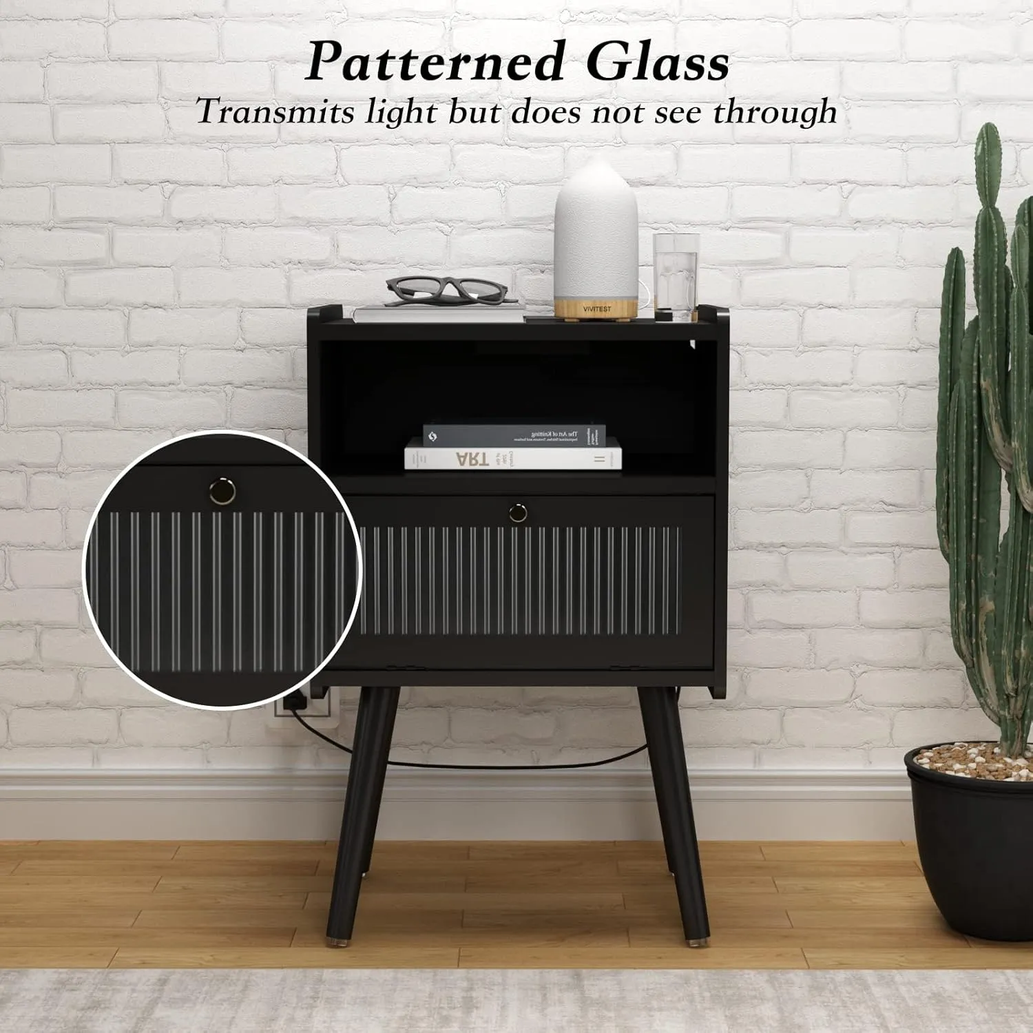 Mid Century Modern Nightstand with Charging Station, Bedside Tables with Glass Decorative Door, End Table Side Table with 2 Tiers Storage Space, for Bedroom, Living Room, Black