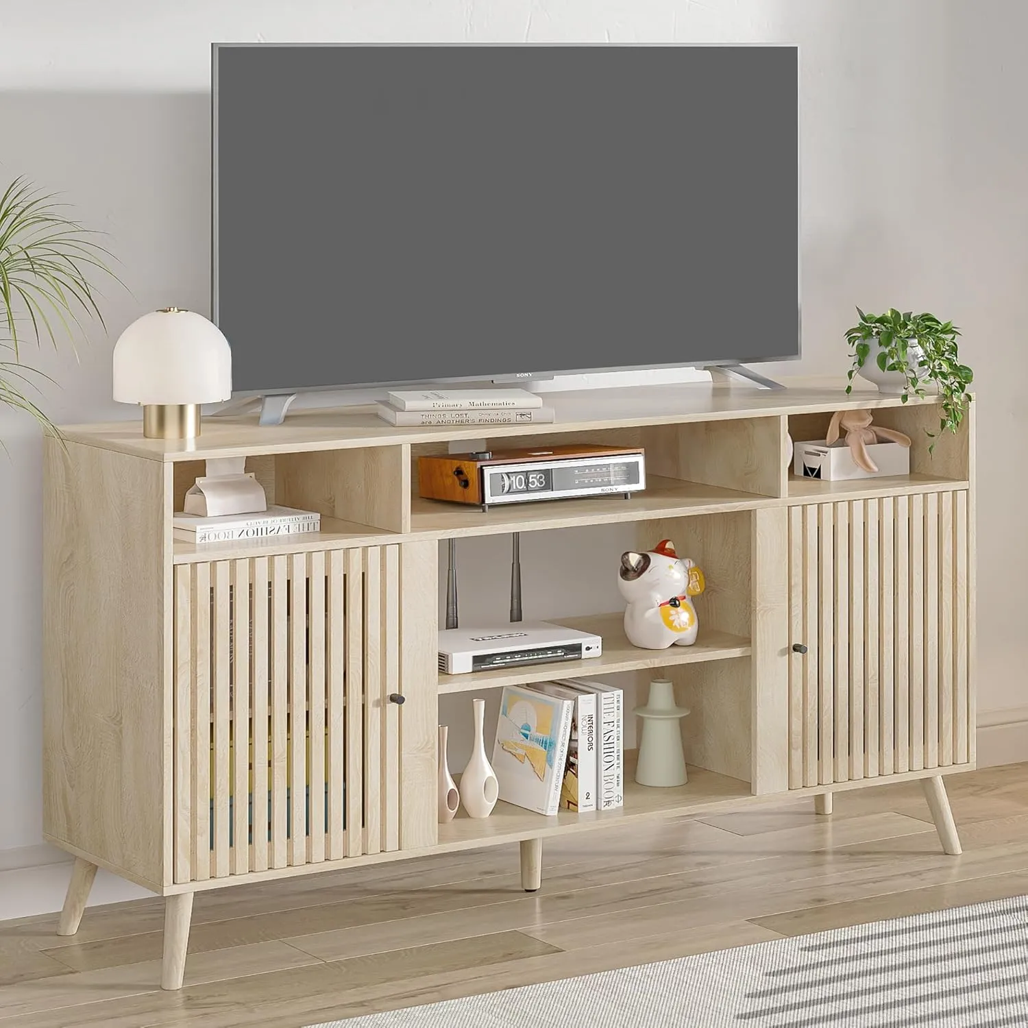 Mid Century Modern TV Stand, Fluted TV Stand for 65 Inch TV, Entertainment Center with Adjustable Shelf, Media Console, Wood Feet, Cord Holes, for Living Room (Wood, 58.26'')