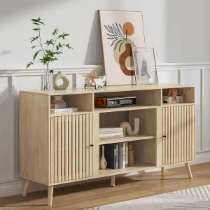Mid Century Modern TV Stand, Fluted TV Stand for 65 Inch TV, Entertainment Center with Adjustable Shelf, Media Console, Wood Feet, Cord Holes, for Living Room (Wood, 58.26'')