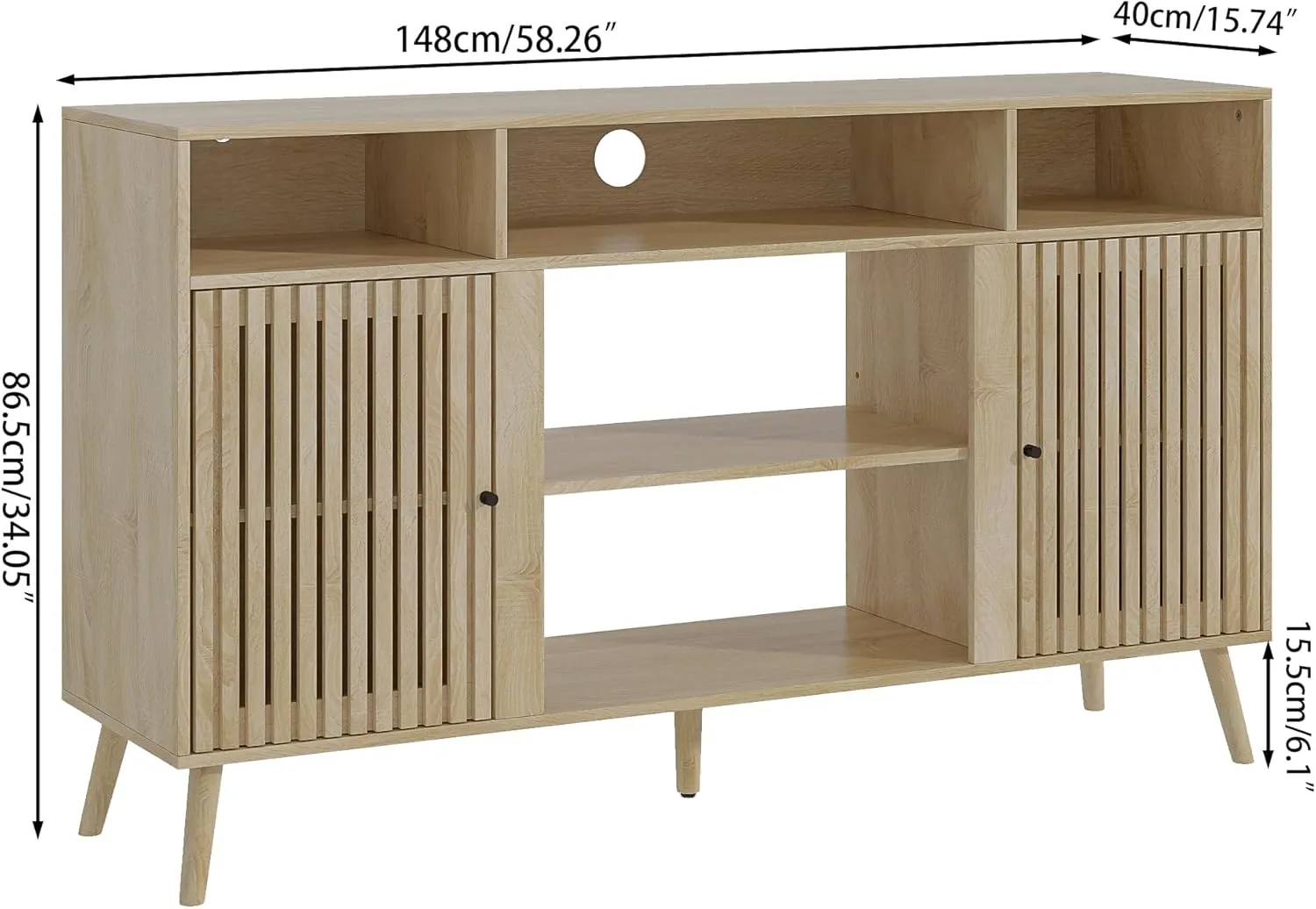 Mid Century Modern TV Stand, Fluted TV Stand for 65 Inch TV, Entertainment Center with Adjustable Shelf, Media Console, Wood Feet, Cord Holes, for Living Room (Wood, 58.26'')