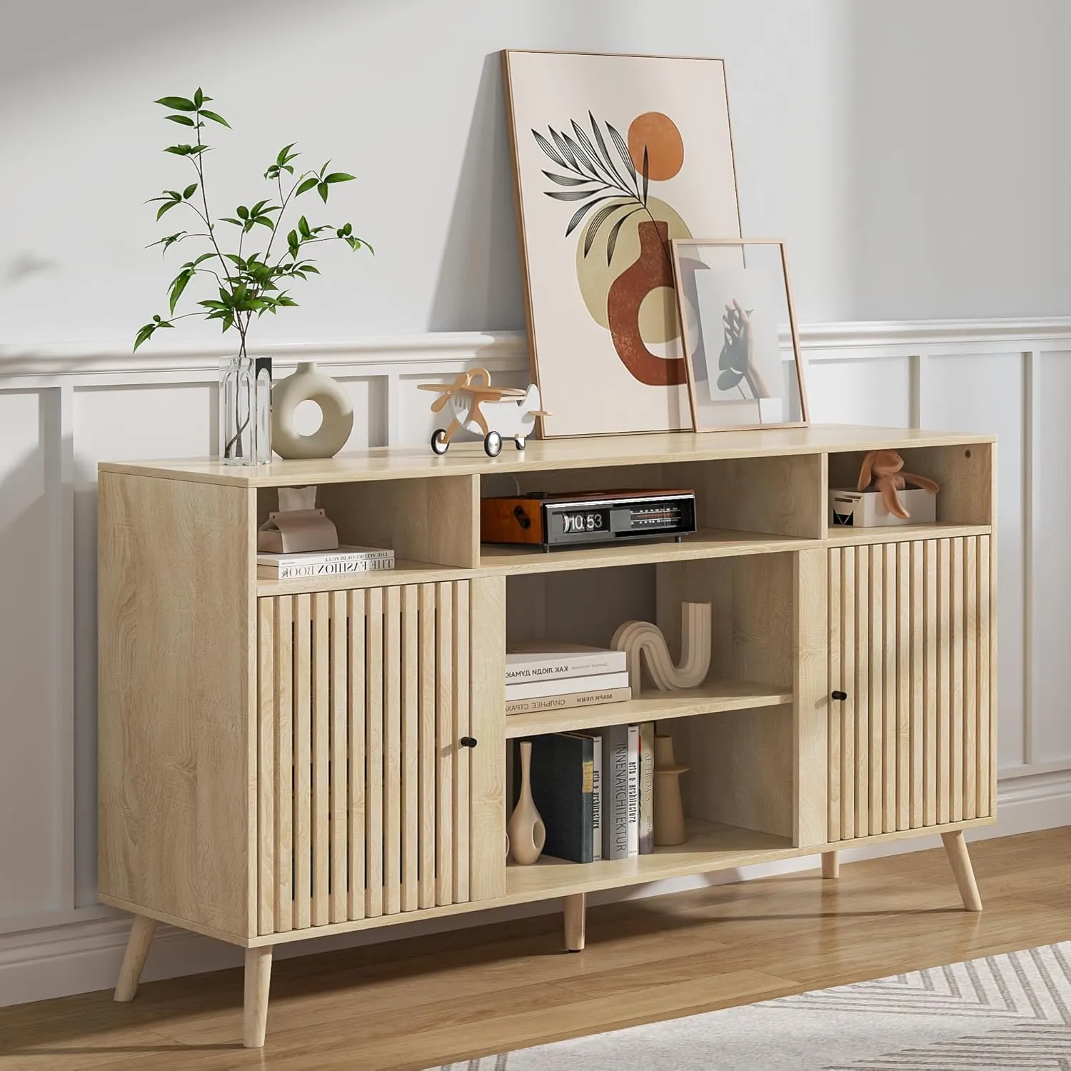 Mid Century Modern TV Stand, Fluted TV Stand for 65 Inch TV, Entertainment Center with Adjustable Shelf, Media Console, Wood Feet, Cord Holes, for Living Room (Wood, 58.26'')