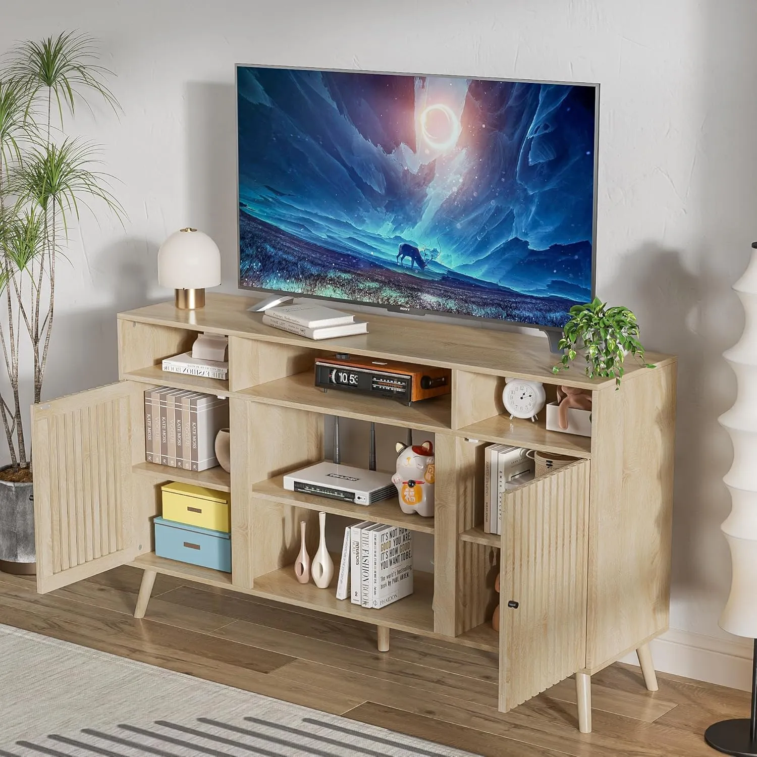 Mid Century Modern TV Stand, Fluted TV Stand for 65 Inch TV, Entertainment Center with Adjustable Shelf, Media Console, Wood Feet, Cord Holes, for Living Room (Wood, 58.26'')