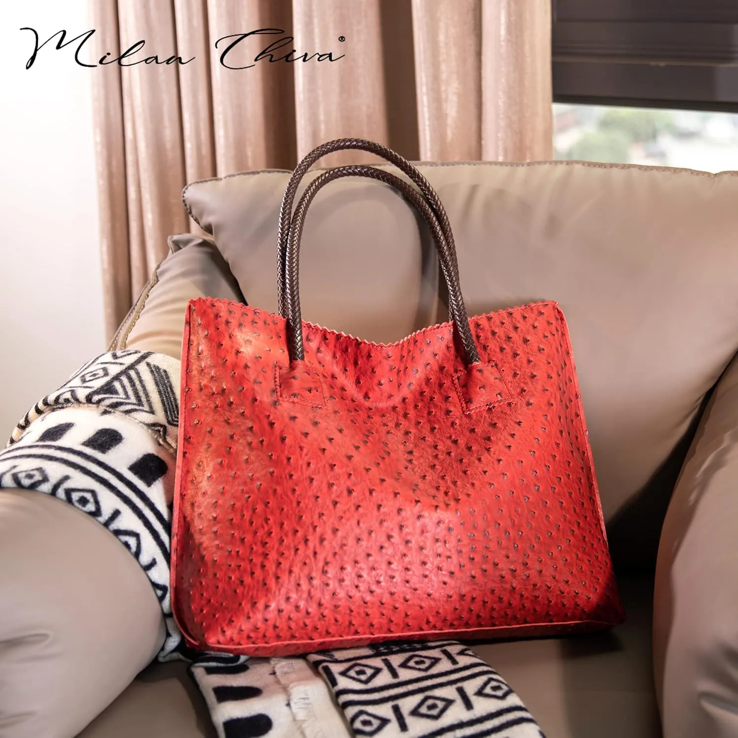 Milan Chiva Tote Bag for Women with Zipper Large Ostrich Vegan Leather Shoulder Purses and Handbags
