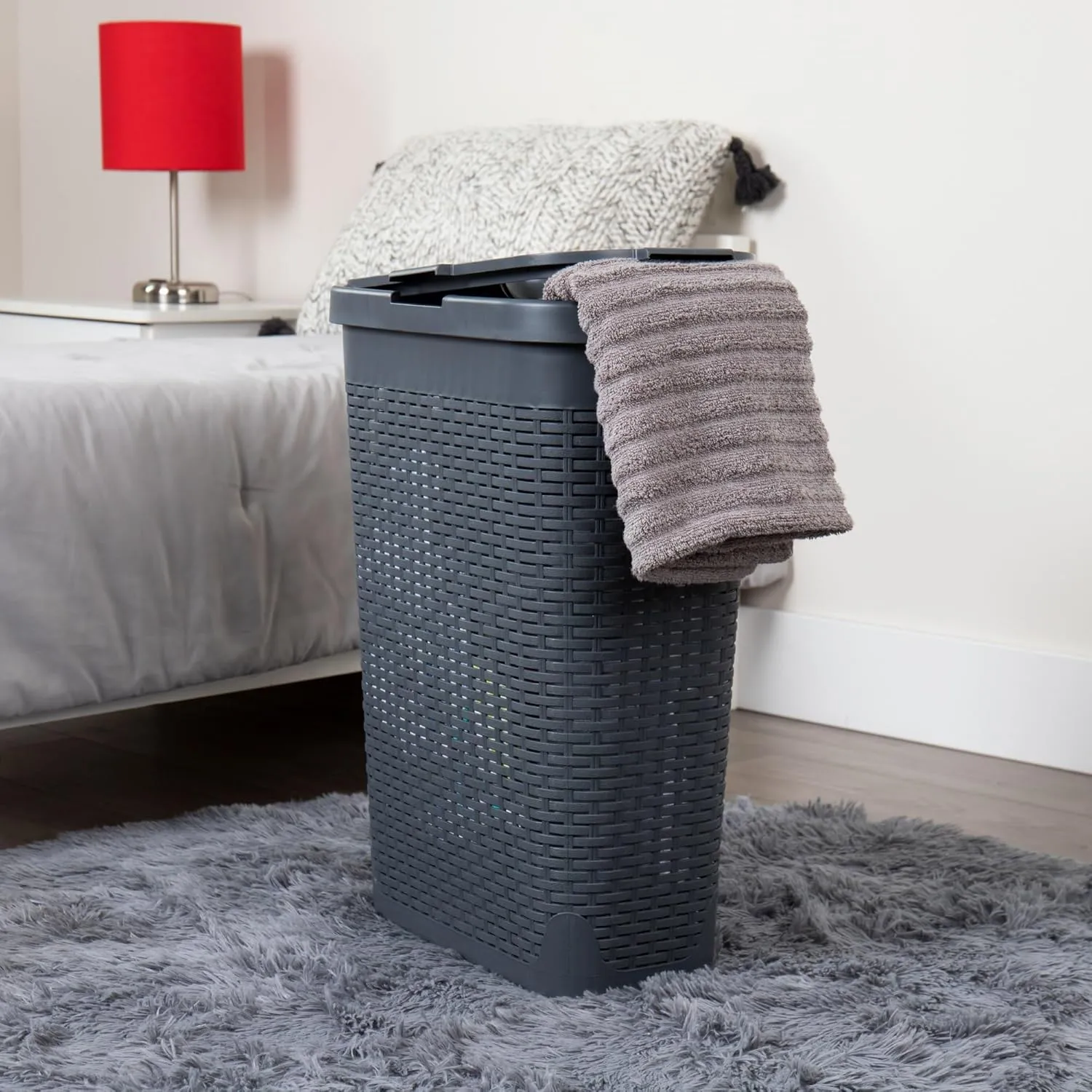 Mind Reader 40L Slim Laundry Hamper, Clothes Basket, Lid, Wicker Design, Plastic, 18"L x 10.4"W x 23.5"H, Gray