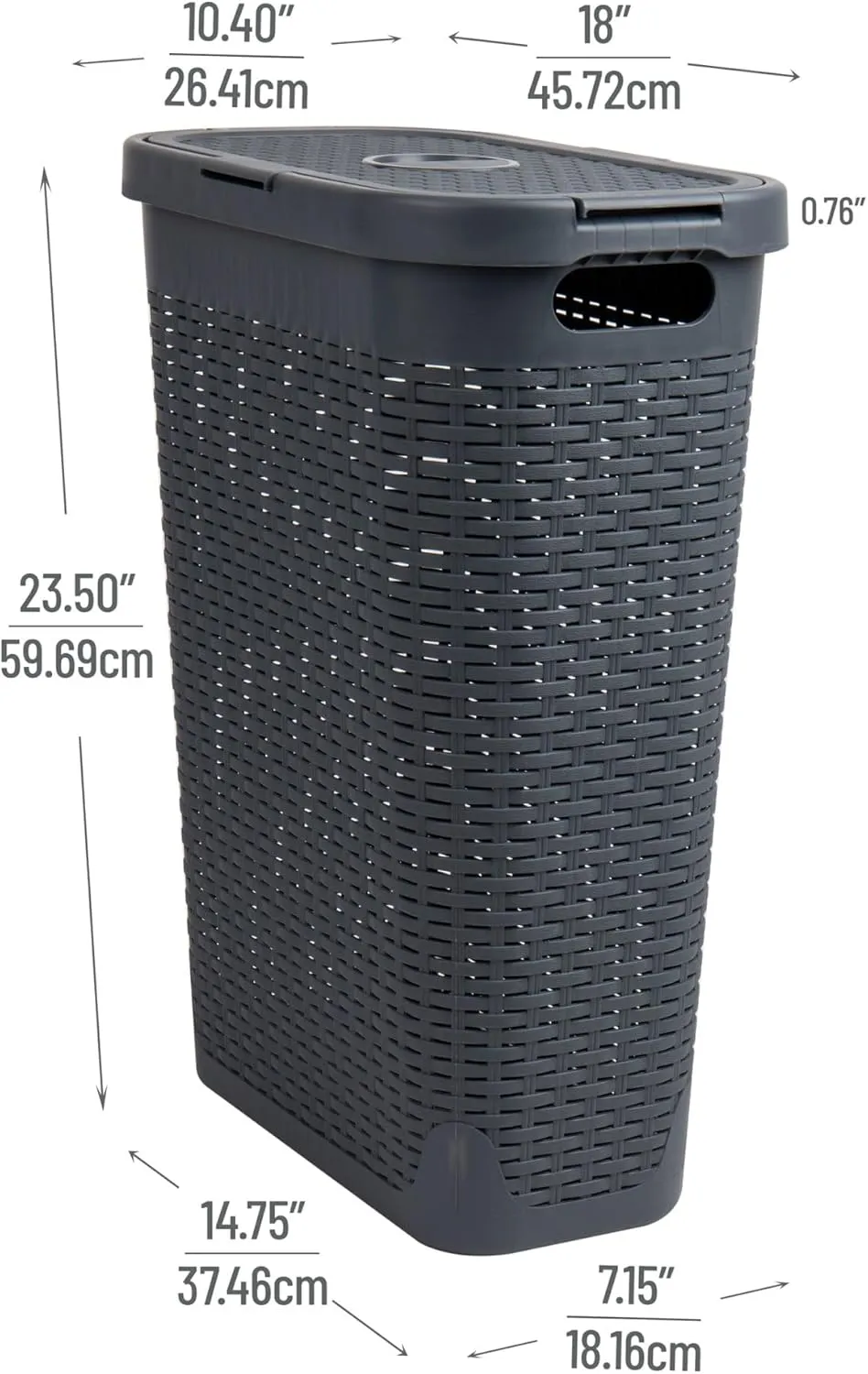 Mind Reader 40L Slim Laundry Hamper, Clothes Basket, Lid, Wicker Design, Plastic, 18"L x 10.4"W x 23.5"H, Gray