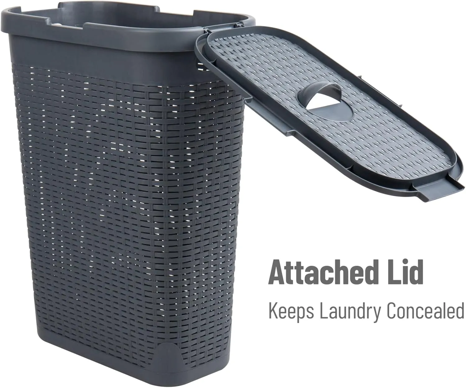 Mind Reader 40L Slim Laundry Hamper, Clothes Basket, Lid, Wicker Design, Plastic, 18"L x 10.4"W x 23.5"H, Gray