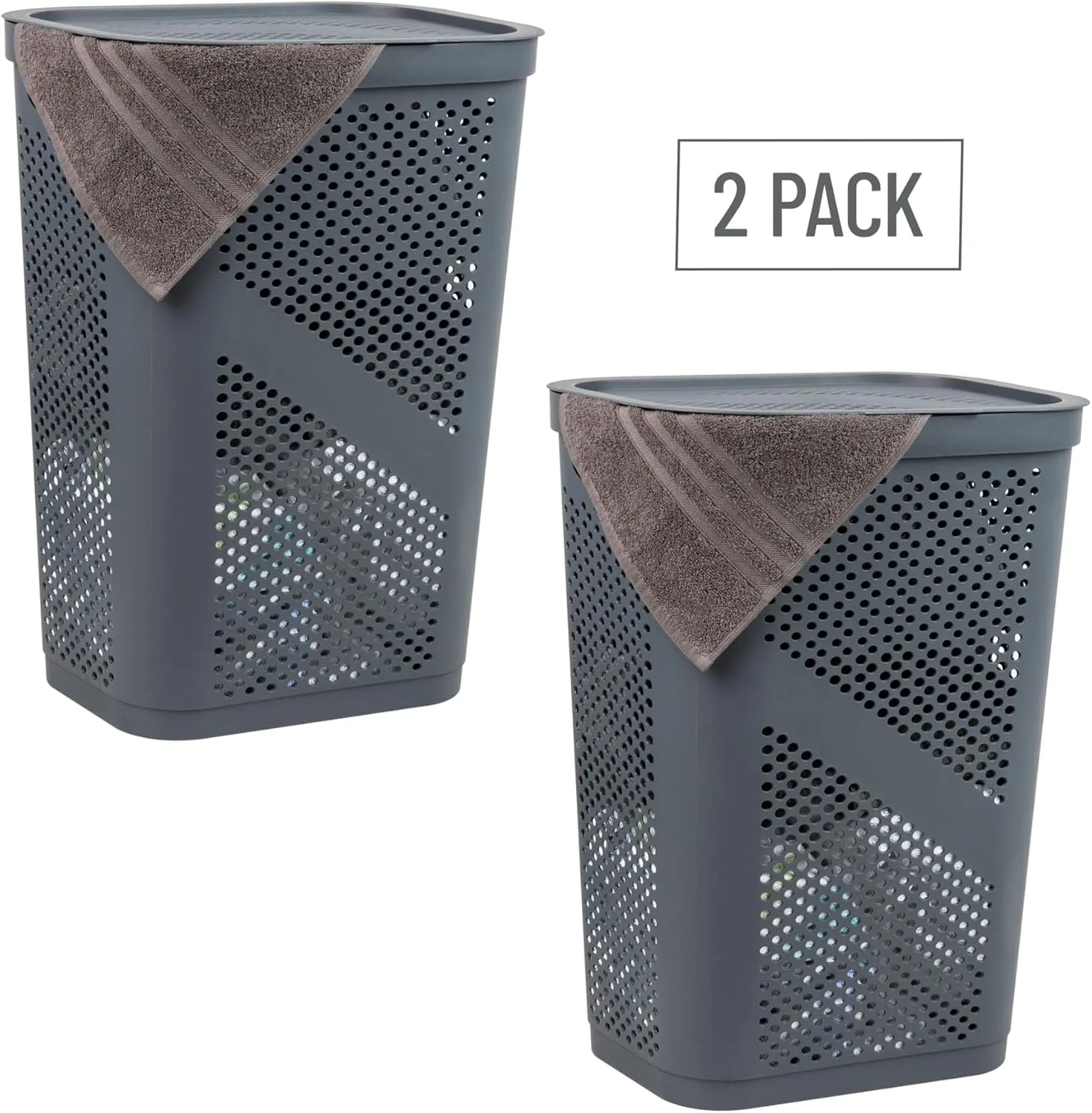 Mind Reader 60L Slim Laundry Hamper, Clothes Basket, Lid, Ventilated, Plastic, 17.25"L x 13.75"W x 23.5"H, Set of 2, Gray